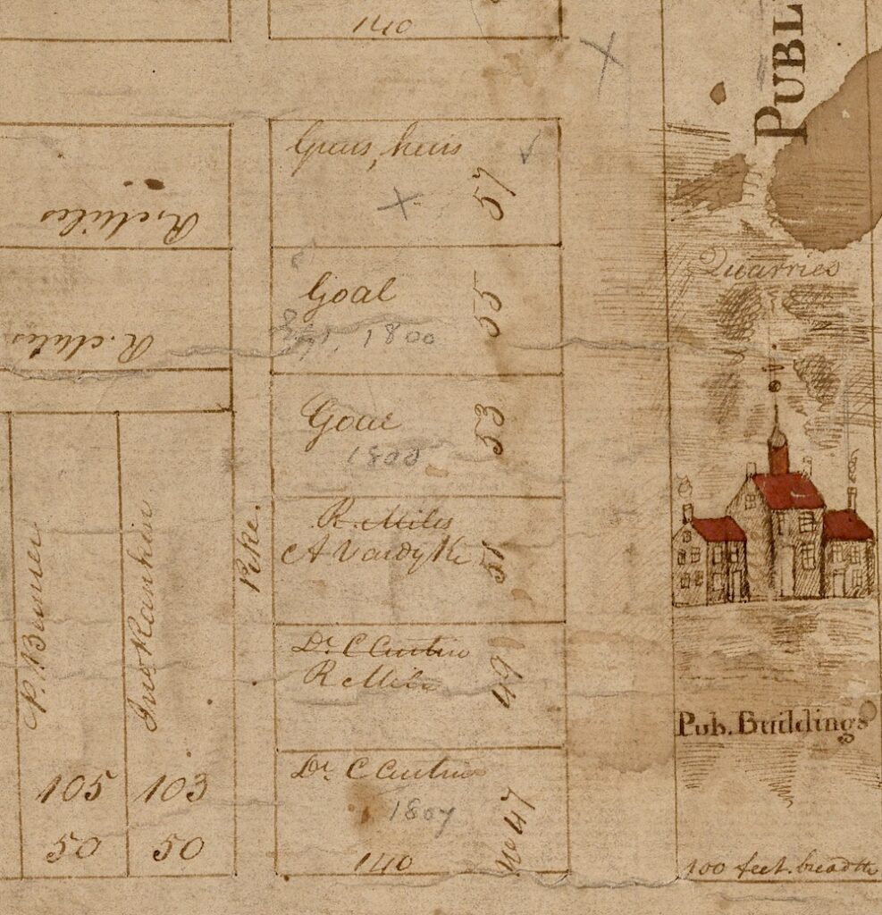 Circa 1818 map of Bellefonte with the "goal" (jail) on lots 53 and 55 across from the Centre County Courthouse. (Centre