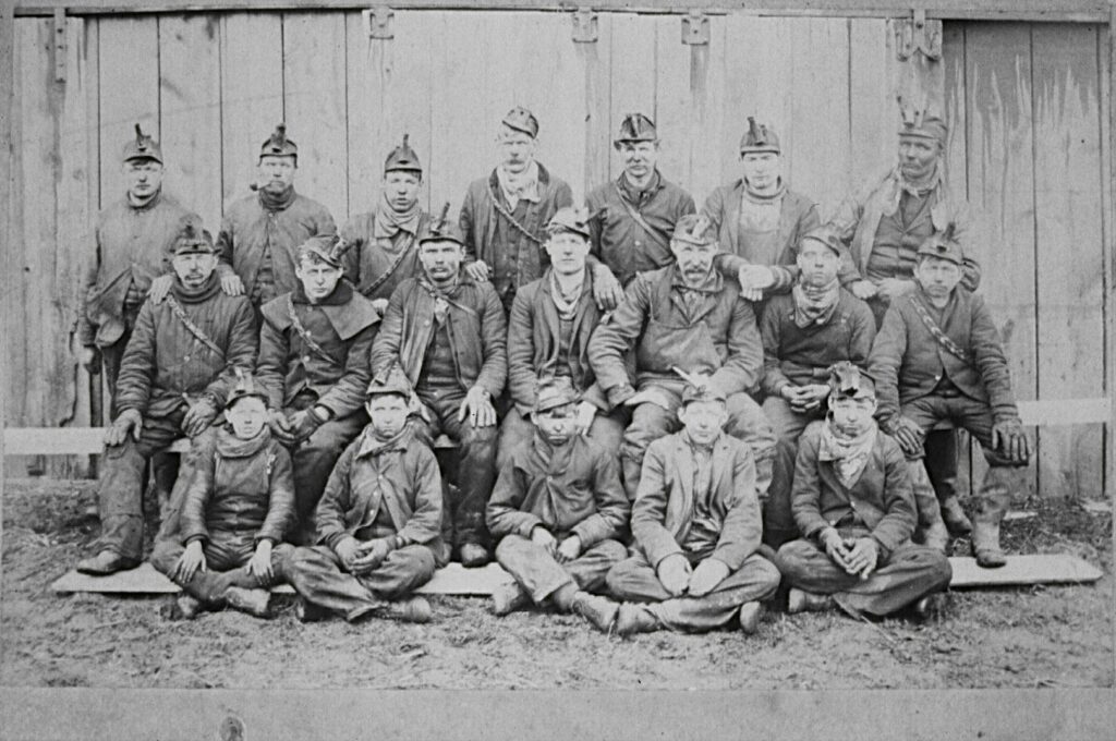 A group of miners with the Snow Shoe deep mine of the Lehigh Valley Coal Company posed for a photograph, circa 1905.