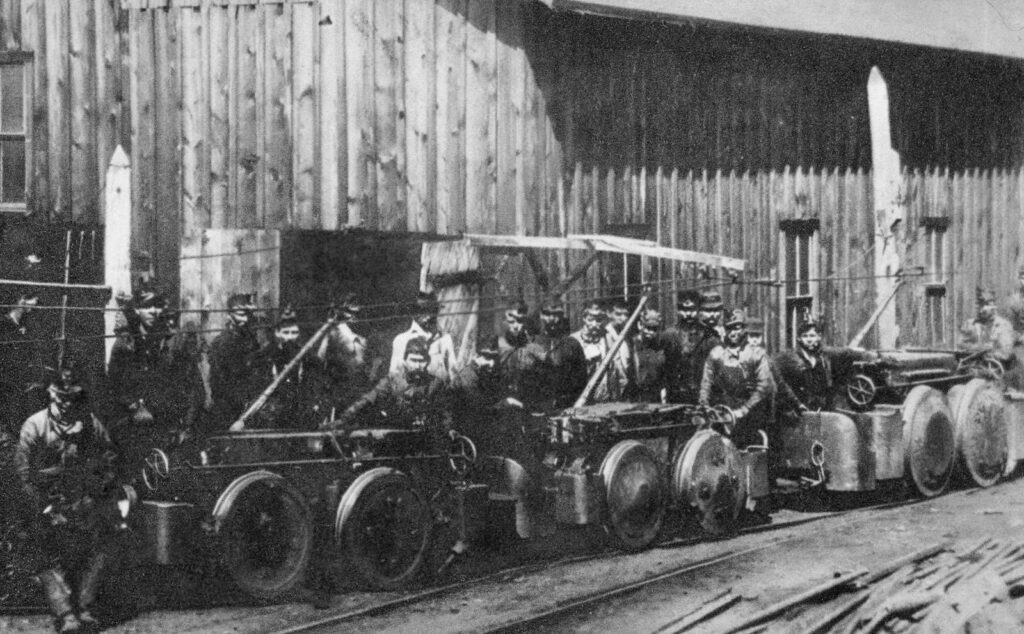 Electric "mine motors" such as these outside a Philipsburg-area mine began to replace mules in the early 1900s.