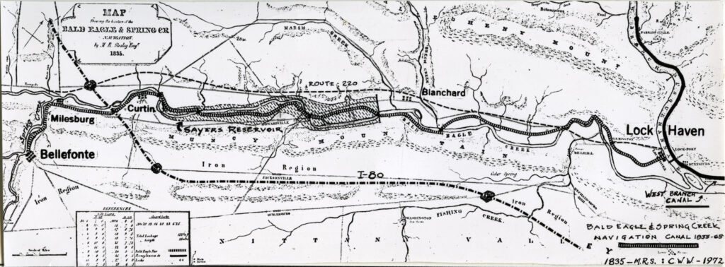 An 1835 map shows the Bald Eagle and Spring Creek Navigation Canal with the Sayers Dam reservoir and Interstate 80