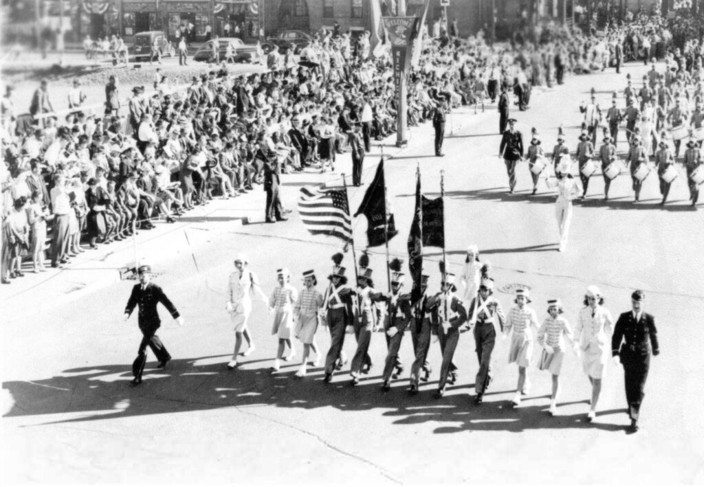The State College corps, shown marching in Milwaukee, won the 1941 national championship. (Jon Nelson collection)