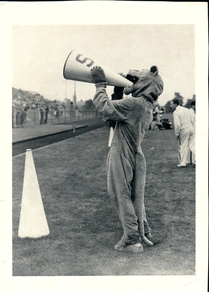 The Nittany Lion mascot cheered on the football team from the sideline in 1943. (Penn State Archives)