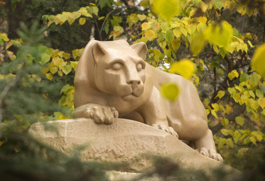 The Nittany Lion statue and its surroundings represent the campus shrine that the founders envisioned. (Photograph by