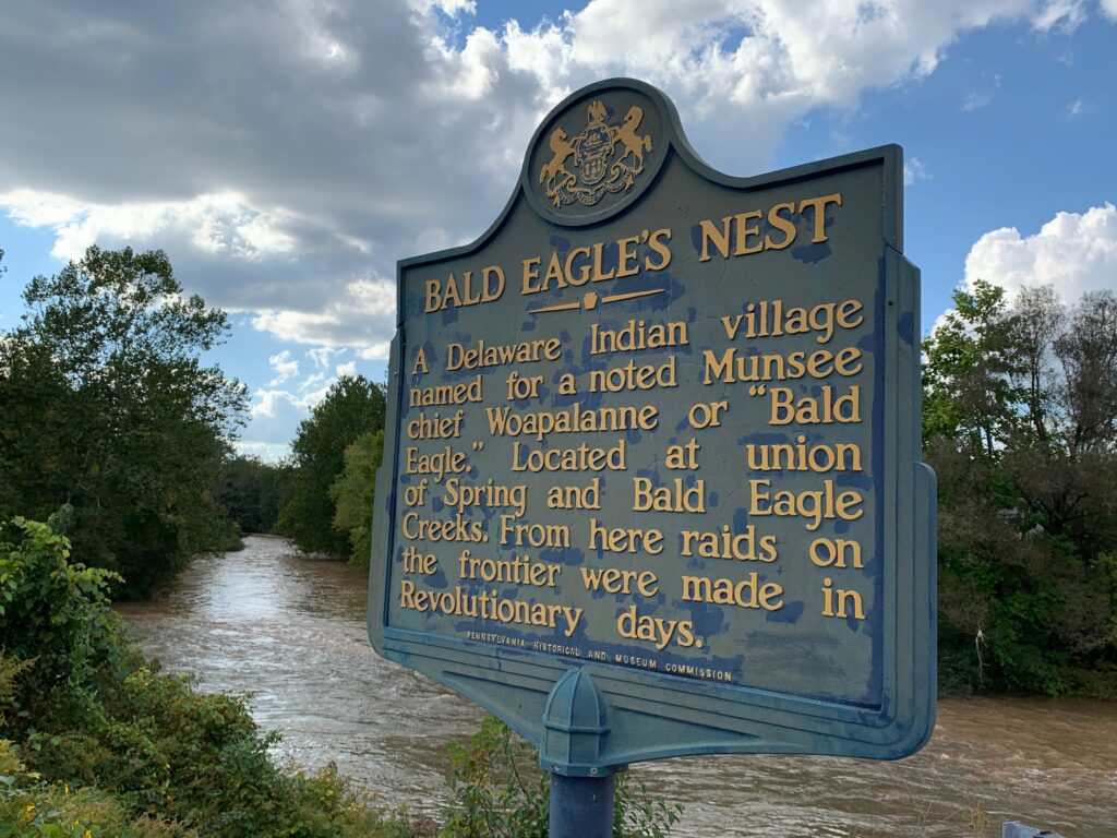 A historical marker in Milesburg recognizes the junction of Spring and Bald Eagle creeks as the cite of a Delaware