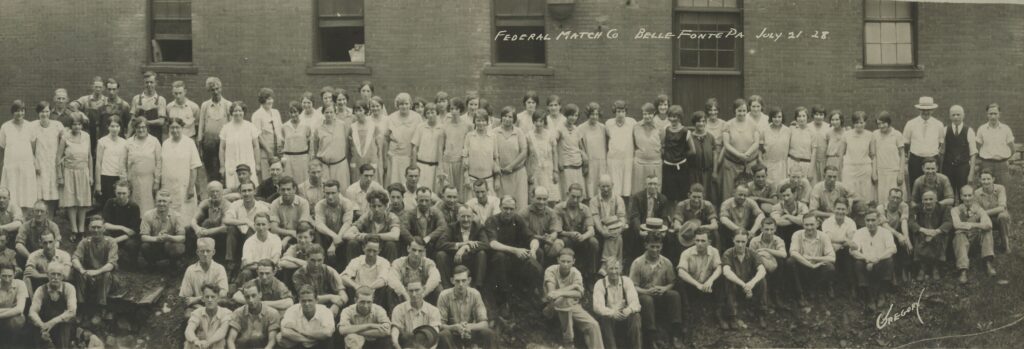 Employees of the Federal Match Corporation posed for a photograph outside the factory in 1928. (Centre County