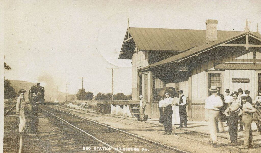 Residents await a train at the Milesburg depot. (Joan Brower Collection)