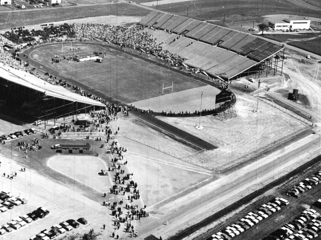 Commencement ceremonies were held at New Beaver Field for many years after it opened in 1960. (Penn State Archives)