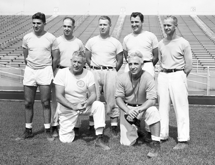 Joe Paterno (back row, far left) joined the coaching staff in 1950. (Penn State Archives)