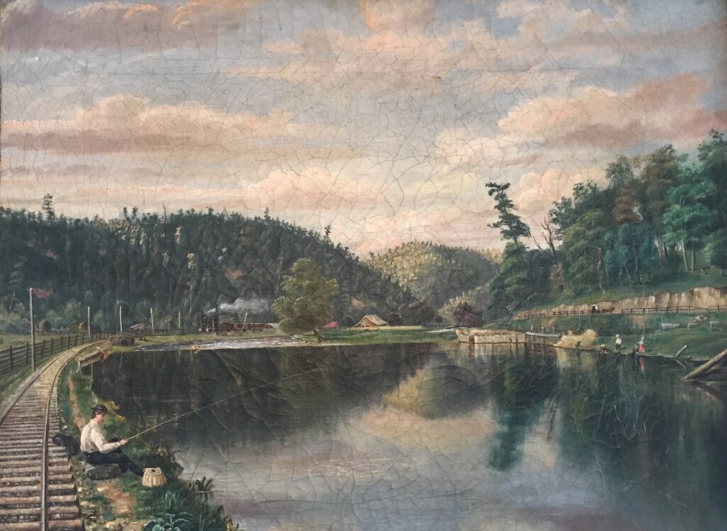 " Road to Milesburg" showing Central Canal Lock and Spring Creek by John W. Moore (d. 1893). (Courtesy of Centre County