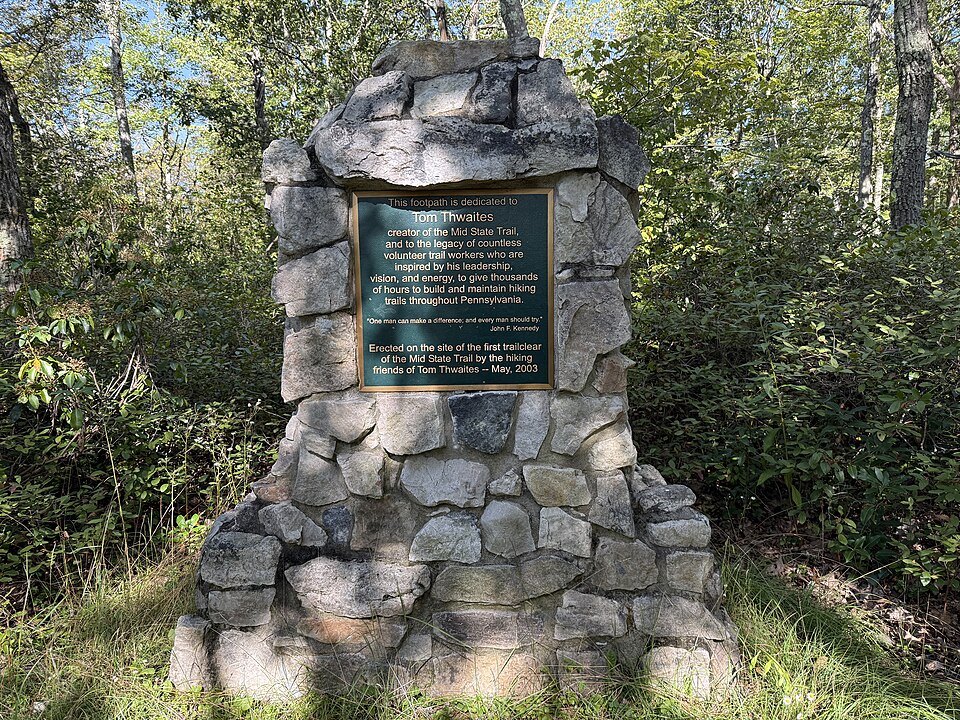 A plaque in Rothrock State Forest recognizes the leadership of Thwaites in building the Mid State Trail. (Creative