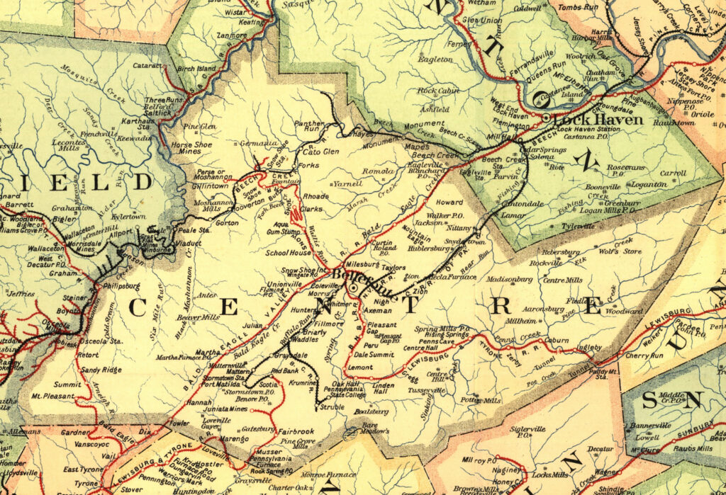 The 1895 Railroad Map of Pennsylvania shows the various routes in Centre County. (Library of Congress)